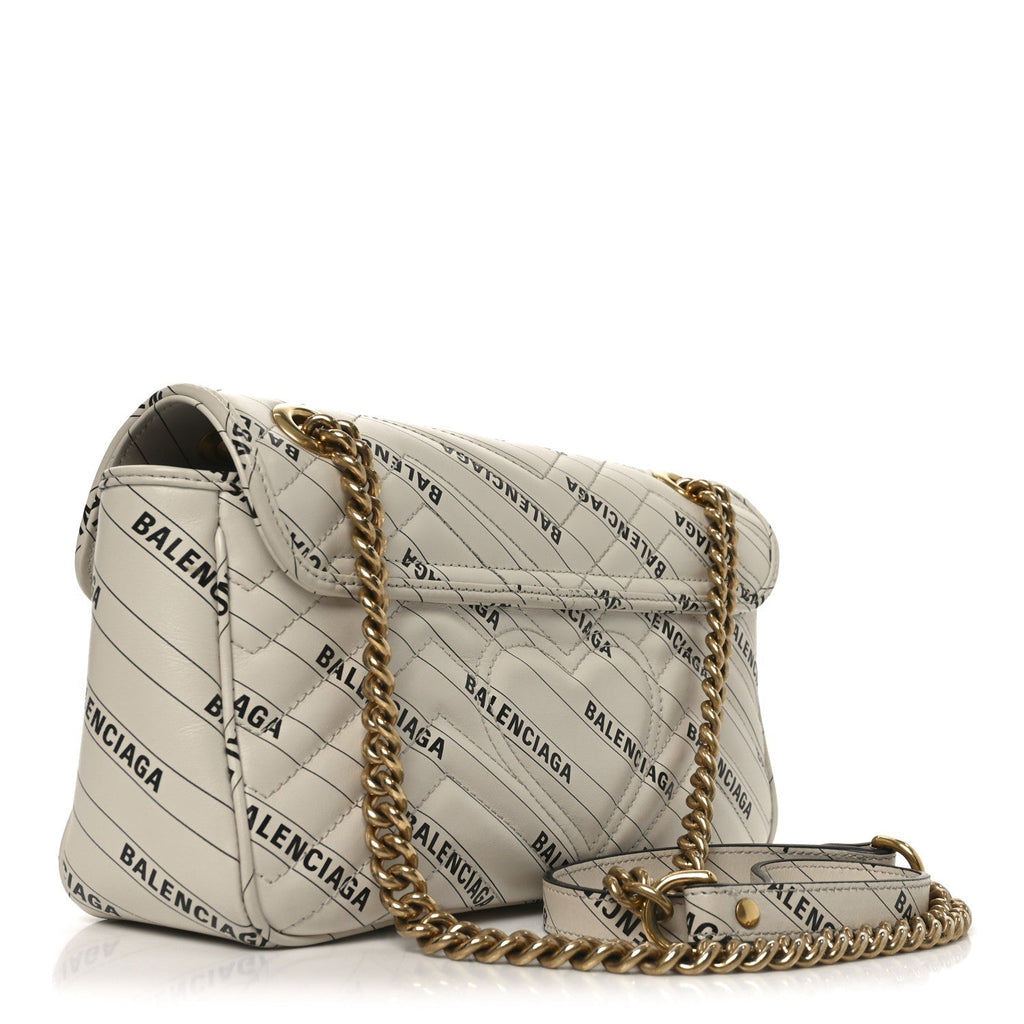 X BALENCIAGA Calfskin Matelasse Logo Print Small GG Marmont Shoulder Bag White