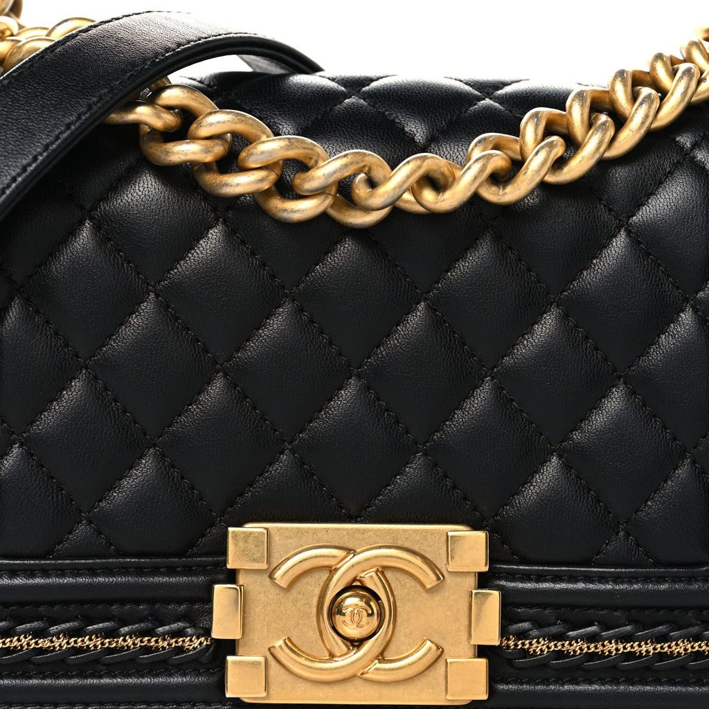 Lambskin Quilted Small Chain Detail Boy Flap Black