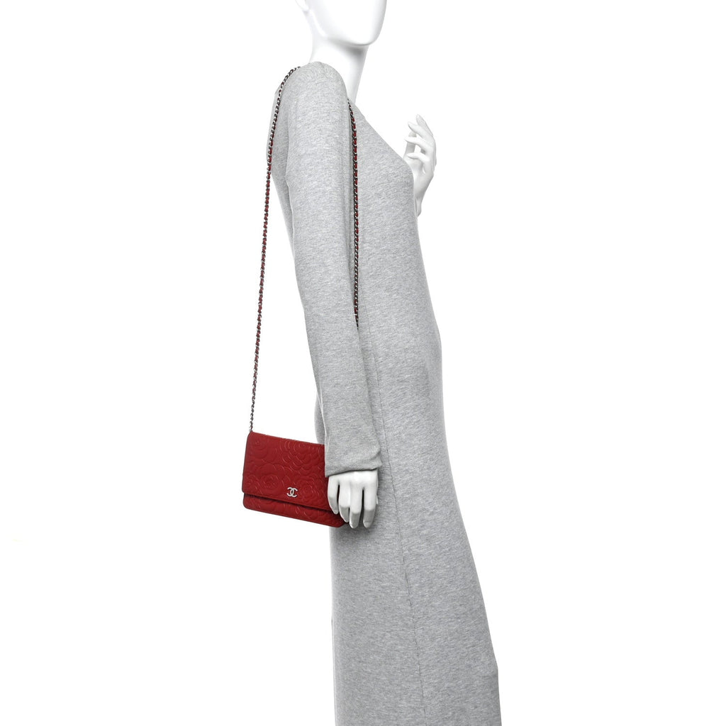 Lambskin Camellia Embossed Wallet On Chain WOC Red