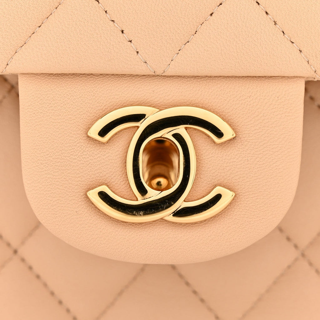 Lambskin Quilted Medium Double Flap Beige