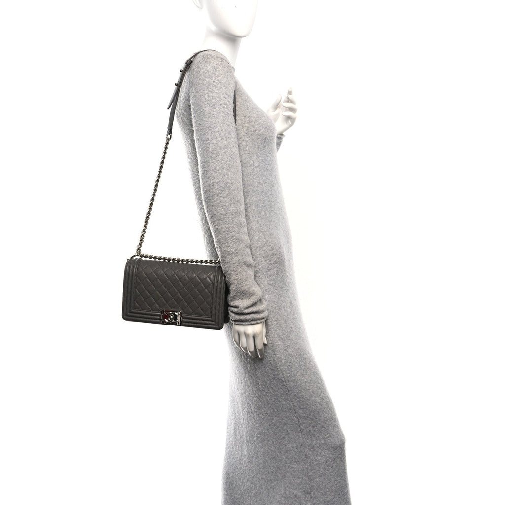 Caviar Quilted Medium Boy Flap Dark Grey