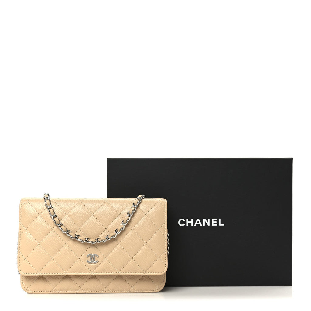 Caviar Quilted Wallet on Chain WOC Beige