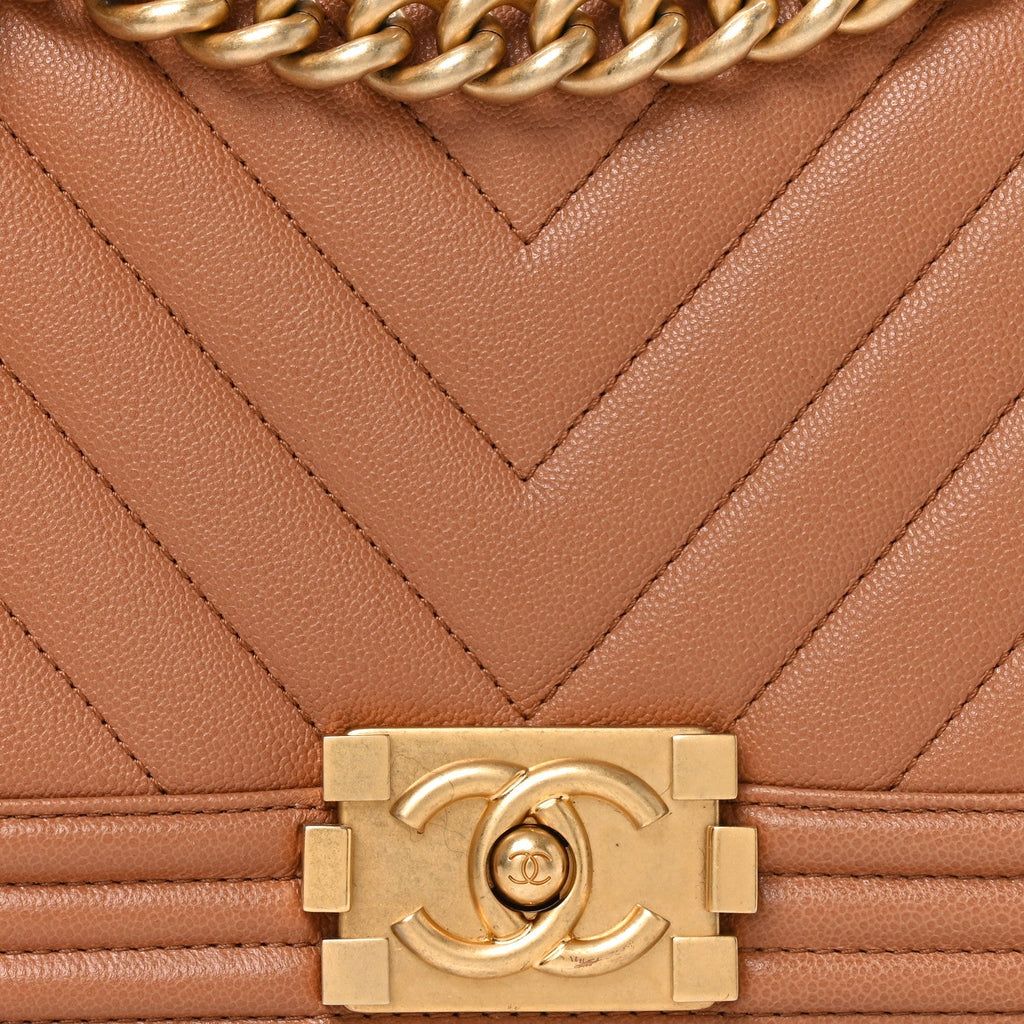 Caviar Chevron Quilted Medium Boy Flap Brown