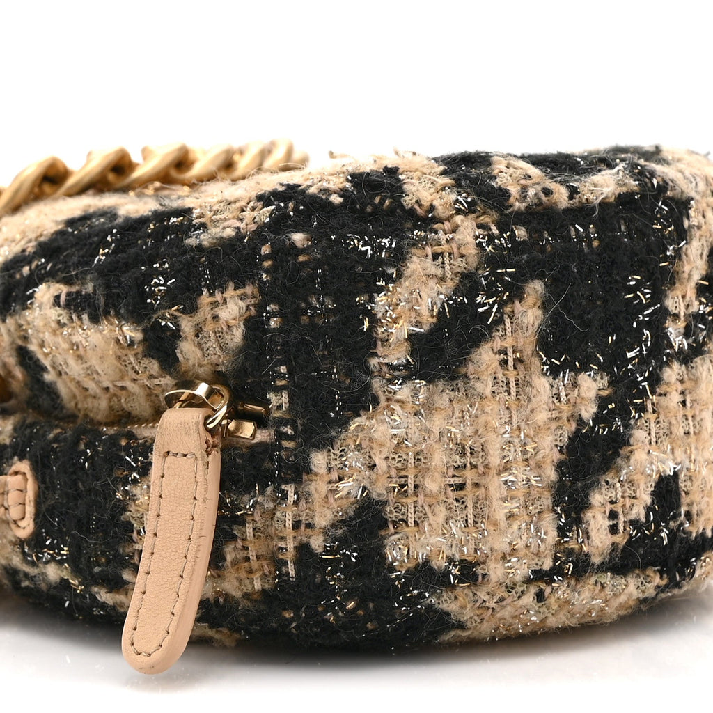 Wool Tweed Lambskin Quilted Chanel 19 Round Clutch With Chain and Coin Purse Beige Black