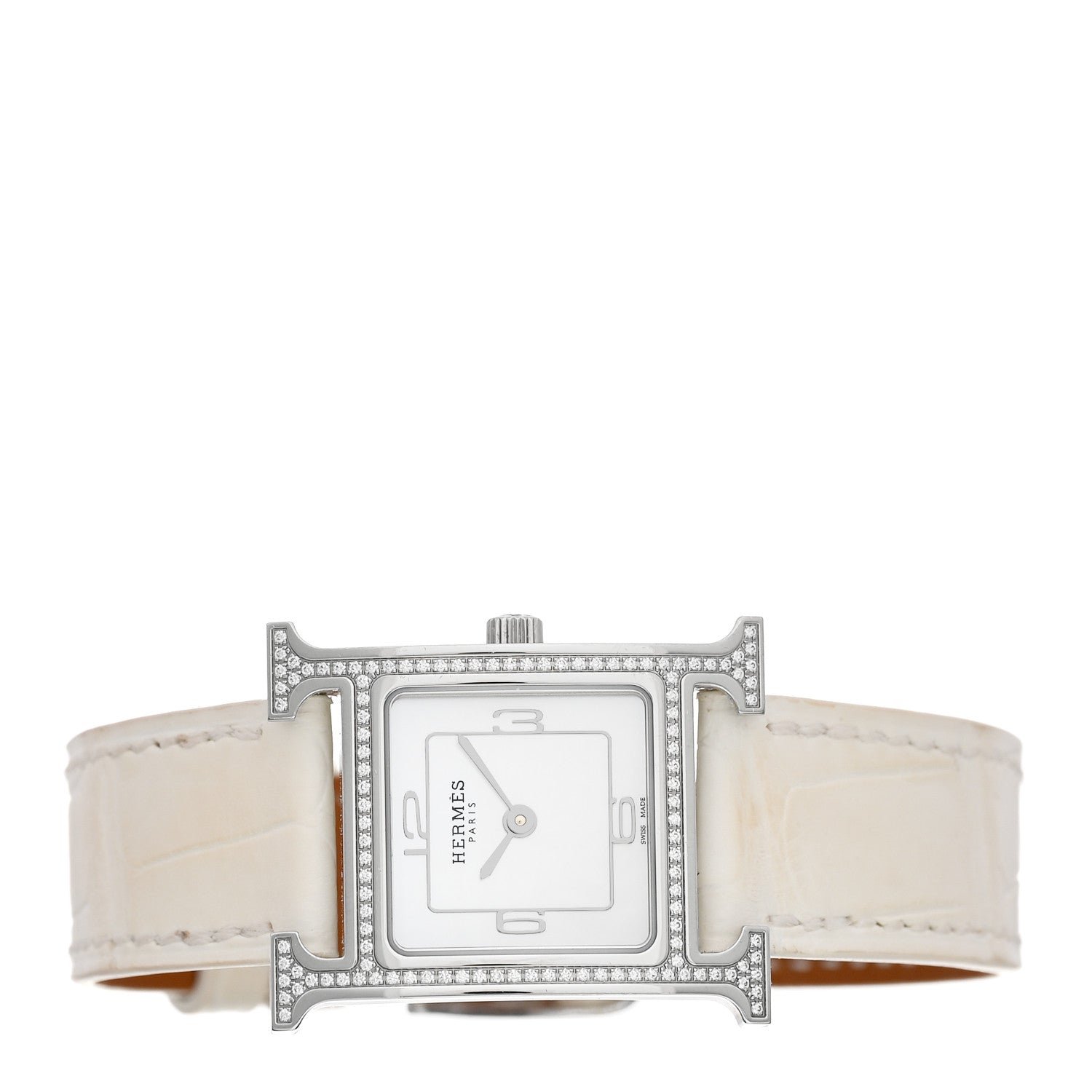 Stainless Steel Alligator Diamond Bezel Mother of Pearl 21mm Heure H Hour Quartz Watch Blanc